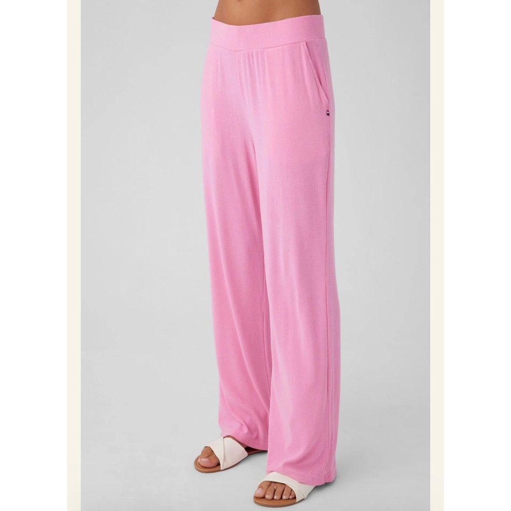 Sol Angeles Pink Ribbed Modal Wide Leg Lounge Pants Womens S Pull On Pockets
